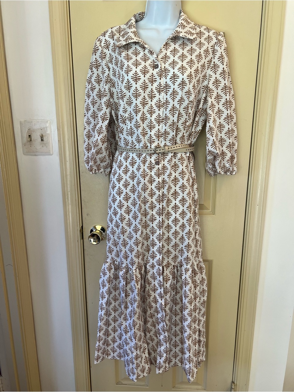 Amazon Cream and Brown Printed Maxi Dress